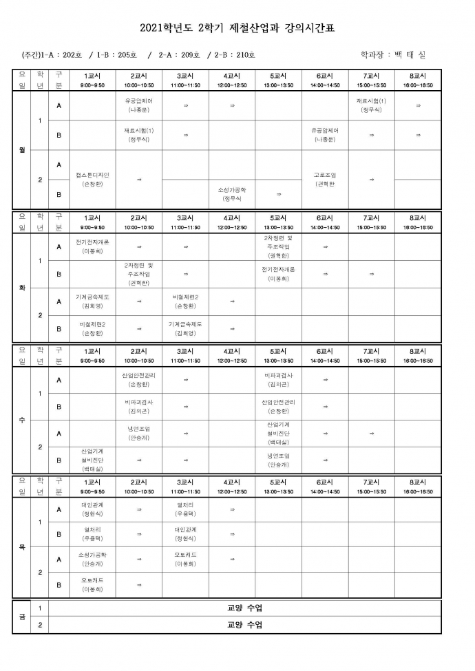 21년도 2학기 제철산업과 강의시간표1